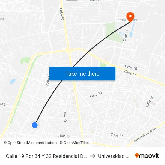 Calle 19 Por 34 Y 32 Residencial Del Norte (Chenku) to Universidad Chapingo map