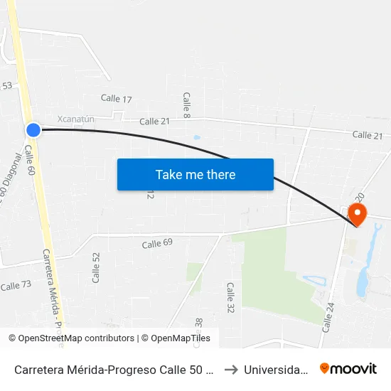 Carretera Mérida-Progreso Calle 50 Por 23 Y 21, Temozón Norte to Universidad Chapingo map