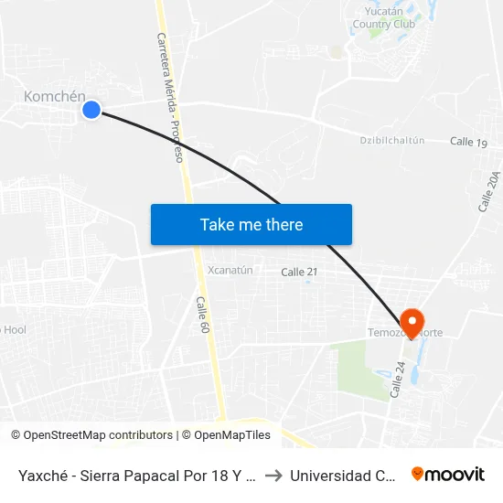 Yaxché - Sierra Papacal Por 18 Y 20, Komchén to Universidad Chapingo map