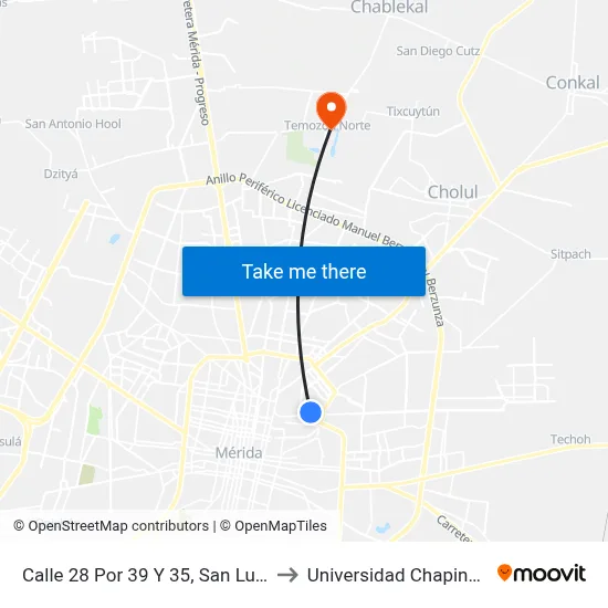 Calle 28 Por 39 Y 35, San Luis to Universidad Chapingo map