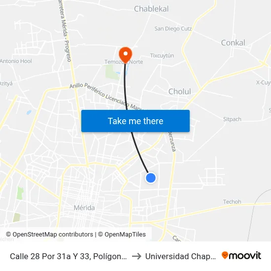 Calle 28 Por 31a Y 33, Polígono 108 to Universidad Chapingo map
