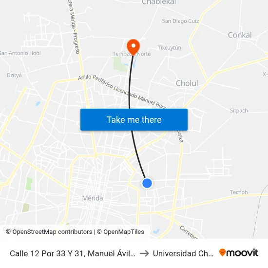 Calle 12 Por 33 Y 31, Manuel Ávila Camacho to Universidad Chapingo map