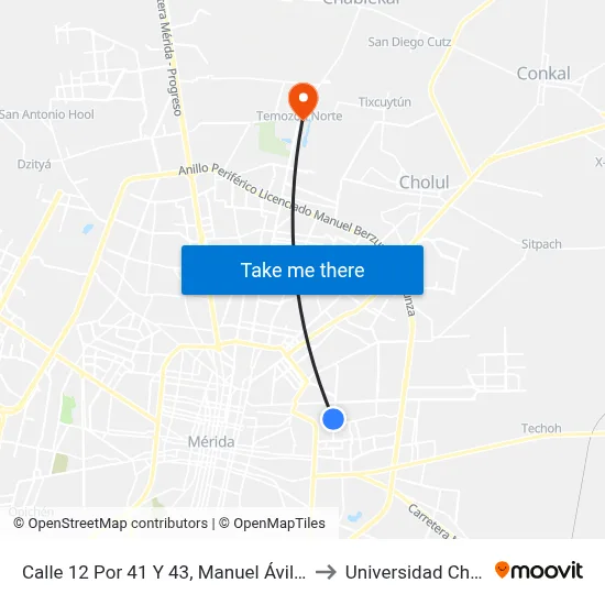 Calle 12 Por 41 Y 43, Manuel Ávila Camacho to Universidad Chapingo map