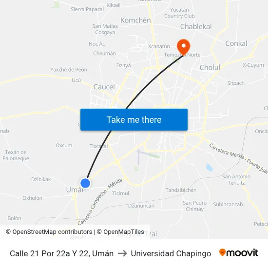 Calle 21 Por 22a Y 22, Umán to Universidad Chapingo map