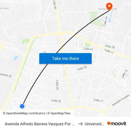 Avenida Alfredo Barrera Vazquez Por 56 Y 58 Residencial Pensiones V Etapa to Universidad Chapingo map