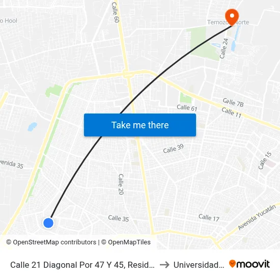 Calle 21 Diagonal Por 47 Y 45, Residencial Del Norte (Chenku) to Universidad Chapingo map