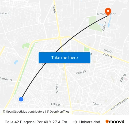 Calle 42 Diagonal Por 40 Y 27 A Fraccionamiento Lindavista to Universidad Chapingo map