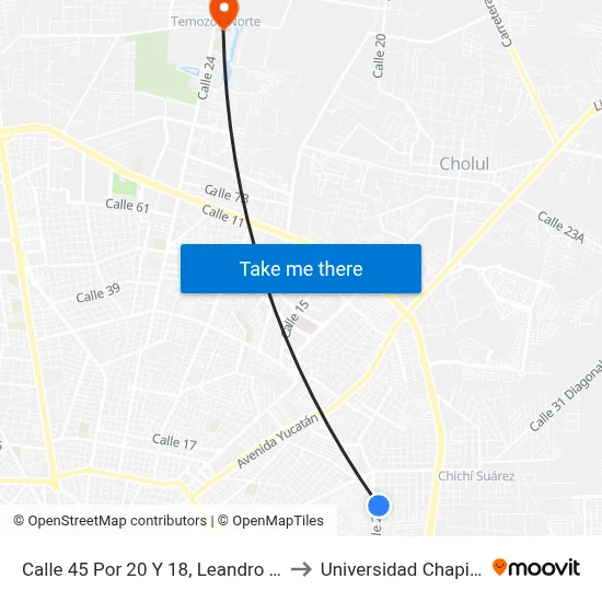 Calle 45 Por 20 Y 18, Leandro Valle to Universidad Chapingo map