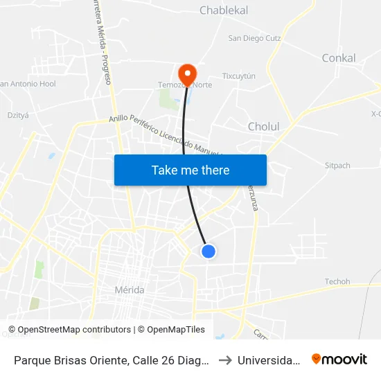 Parque Brisas Oriente, Calle 26 Diagonal Por 22 Y 31, Las Brisas to Universidad Chapingo map