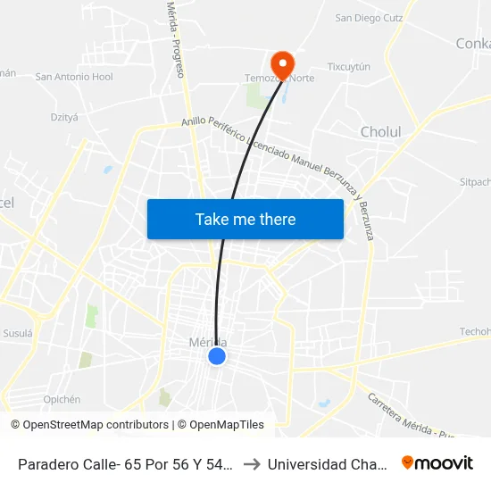 Paradero Calle- 65 Por 56 Y 54 Centro to Universidad Chapingo map