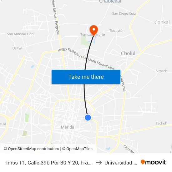 Imss T1, Calle 39b Por 30 Y 20, Fraccionamiento El Fénix to Universidad Chapingo map