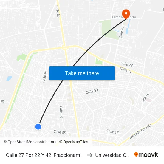 Calle 27 Por 22   Y 42, Fraccionamiento Limones to Universidad Chapingo map