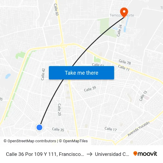 Calle 36 Por 109 Y 111, Francisco Villa Poniente to Universidad Chapingo map