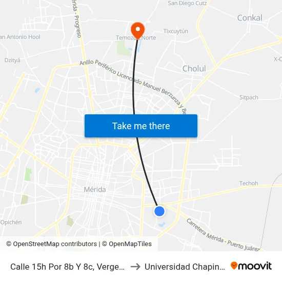 Calle 15h Por 8b Y 8c, Vergel III to Universidad Chapingo map