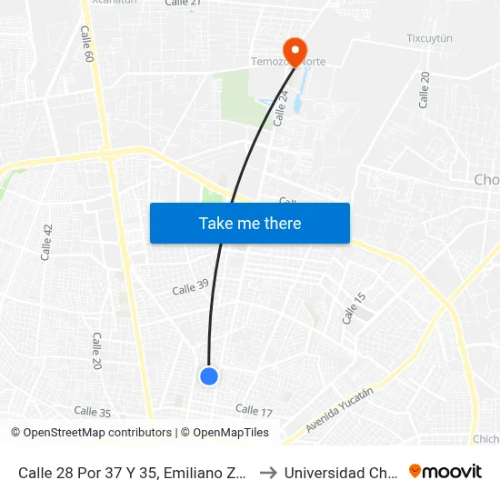 Calle 28 Por 37 Y 35, Emiliano Zapata Norte to Universidad Chapingo map