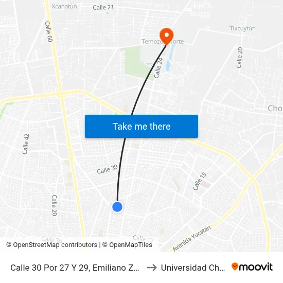 Calle 30 Por 27 Y 29, Emiliano Zapata Norte to Universidad Chapingo map