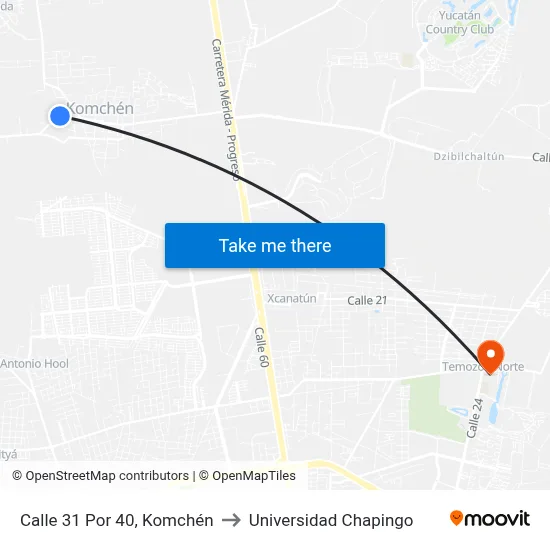 Calle 31 Por 40, Komchén to Universidad Chapingo map