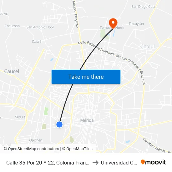 Calle 35 Por 20 Y 22, Colonia Francisco I. Madero to Universidad Chapingo map