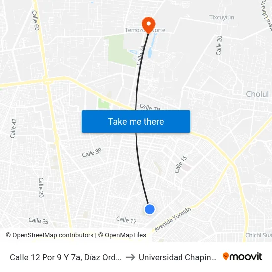 Calle 12 Por 9 Y 7a, Díaz Ordaz to Universidad Chapingo map