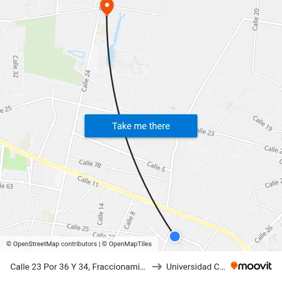 Calle 23 Por  36 Y 34,  Fraccionamiento Montecarlo to Universidad Chapingo map