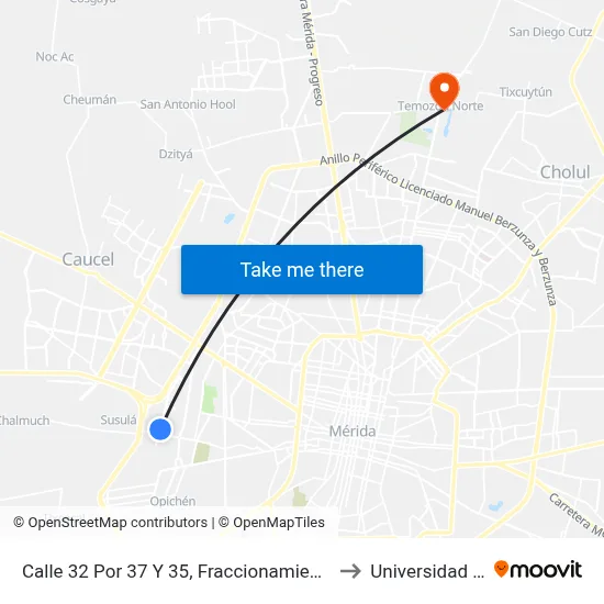 Calle 32 Por 37 Y 35, Fraccionamiento Juan Pablo II (Ampl) to Universidad Chapingo map