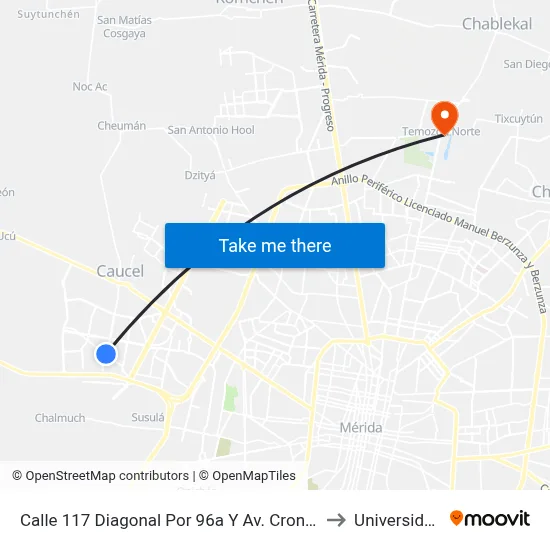 Calle 117 Diagonal Por 96a Y Av. Cronista Deportivo, Fracc. Ciudad Caucel. to Universidad Chapingo map