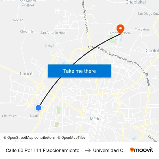Calle 60  Por  111 Fraccionamiento Ciudad Caucel to Universidad Chapingo map