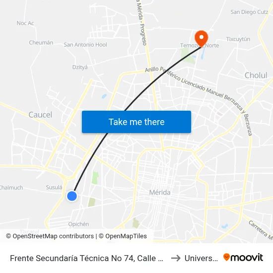 Frente Secundaría Técnica No 74, Calle 32 Por 47 Y 47a, Fraccionamiento Ampliación Juan Pablo II to Universidad Chapingo map