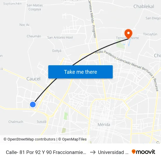 Calle- 81 Por 92 Y 90 Fraccionamiento Almendros Caucel to Universidad Chapingo map