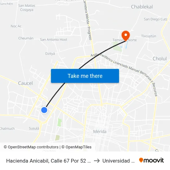 Hacienda Anicabil, Calle 67 Por 52 Y 54, Ciudad Caucel to Universidad Chapingo map
