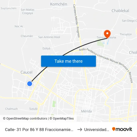 Calle- 31 Por 86 Y 88 Fraccionamiento Ciudad Caucel Viva II to Universidad Chapingo map