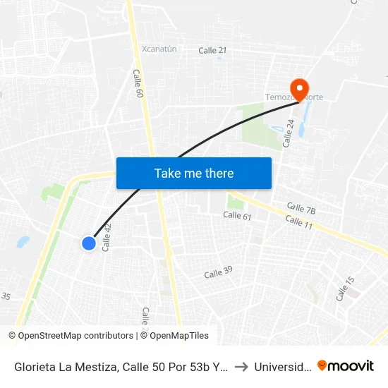 Glorieta La Mestiza, Calle 50 Por 53b Y 51, Fraccionamiento Francisco De Montejo to Universidad Chapingo map