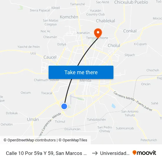Calle 10 Por 59a Y 59, San Marcos Nocoh Ii, El Roble Agrícola to Universidad Chapingo map