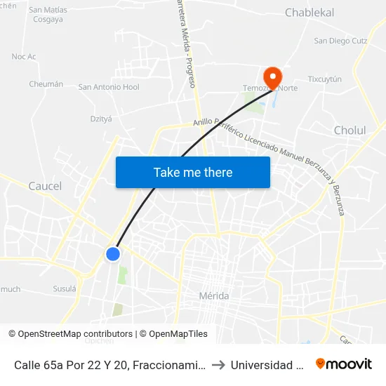 Calle 65a Por 22 Y 20, Fraccionamiento Juan Pablo II to Universidad Chapingo map
