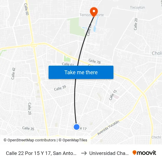 Calle 22 Por 15 Y 17, San Antonio Cinta to Universidad Chapingo map