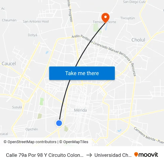 Calle 79a Por 98 Y Circuito Colonias, Sambulá to Universidad Chapingo map