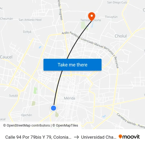 Calle 94 Por 79bis Y 79, Colonia Sambulá to Universidad Chapingo map