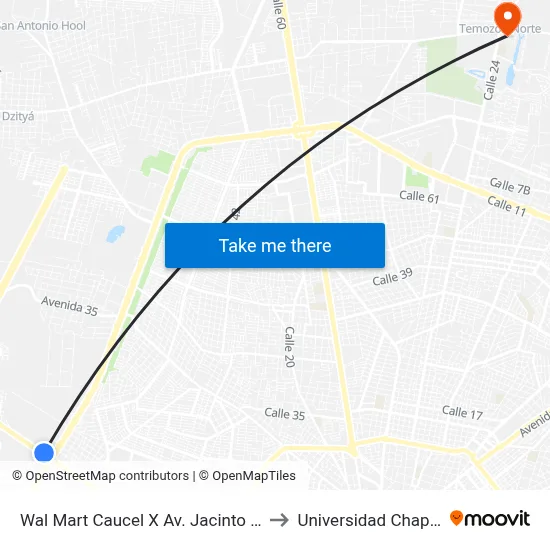Wal Mart Caucel X Av. Jacinto Cakek to Universidad Chapingo map