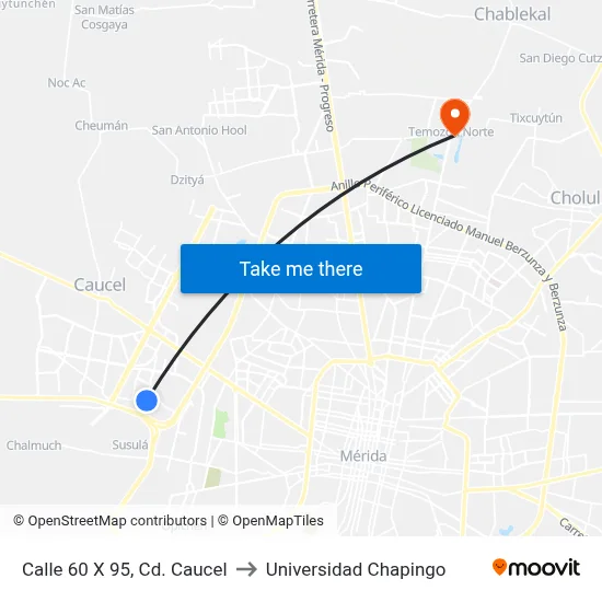 Calle 60 X 95, Cd. Caucel to Universidad Chapingo map