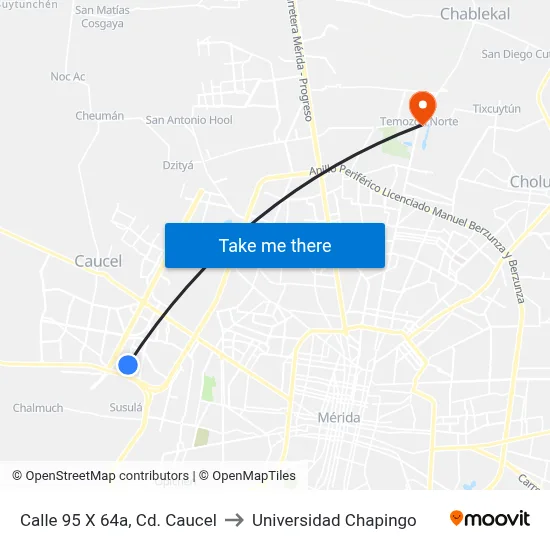 Calle 95 X 64a, Cd. Caucel to Universidad Chapingo map