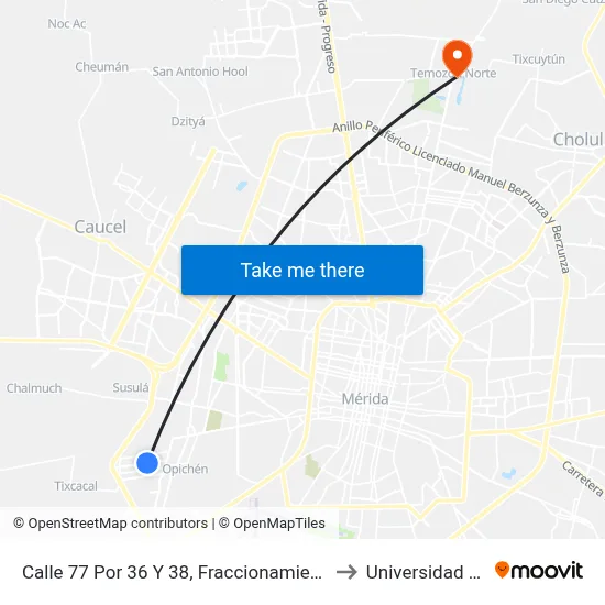 Calle 77 Por 36 Y 38, Fraccionamiento Tixcacal Opichén to Universidad Chapingo map