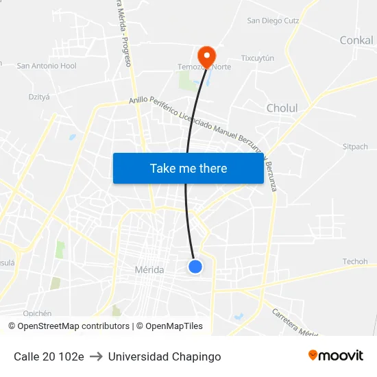Calle 20 102e to Universidad Chapingo map