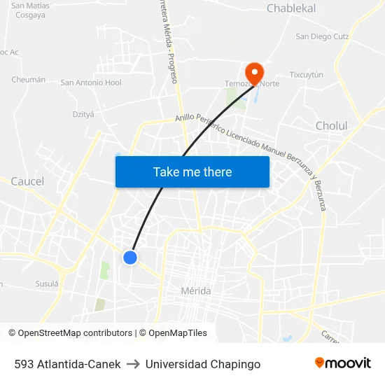 593 Atlantida-Canek to Universidad Chapingo map