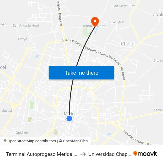 Terminal Autoprogeso Merida Centro to Universidad Chapingo map