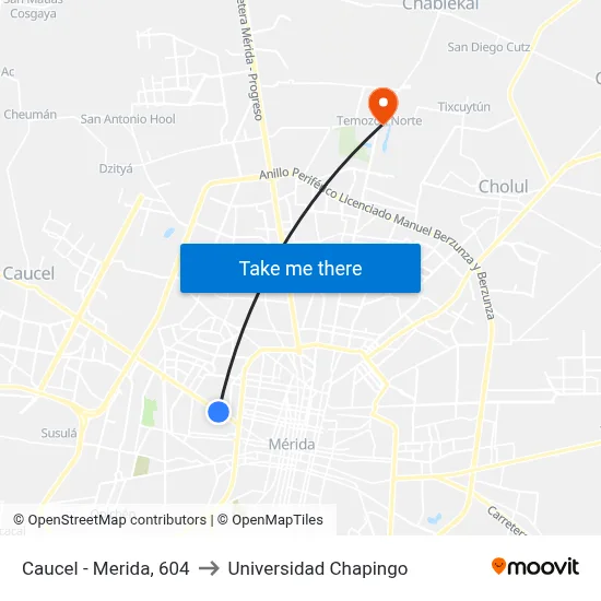 Caucel - Merida, 604 to Universidad Chapingo map