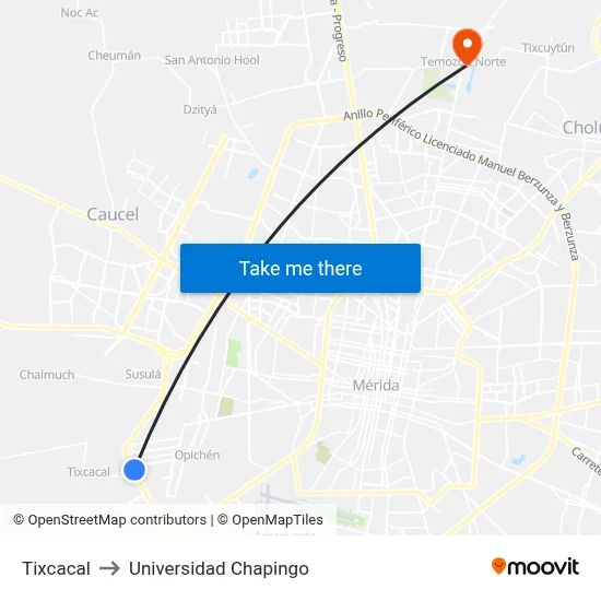 Tixcacal to Universidad Chapingo map
