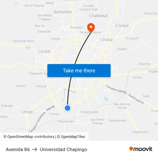 Avenida 86 to Universidad Chapingo map