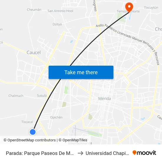 Parada: Parque Paseos De Mérida to Universidad Chapingo map