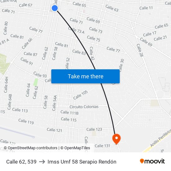 Calle 62, 539 to Imss Umf 58 Serapio Rendón map