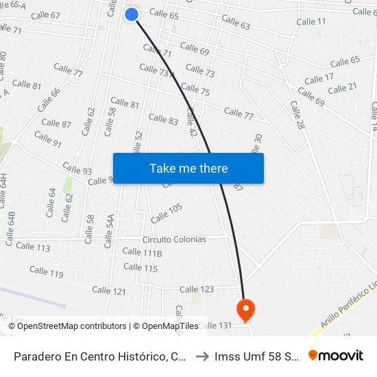 Paradero En Centro Histórico, Calle 58 Por 65 Y 67, Centro to Imss Umf 58 Serapio Rendón map